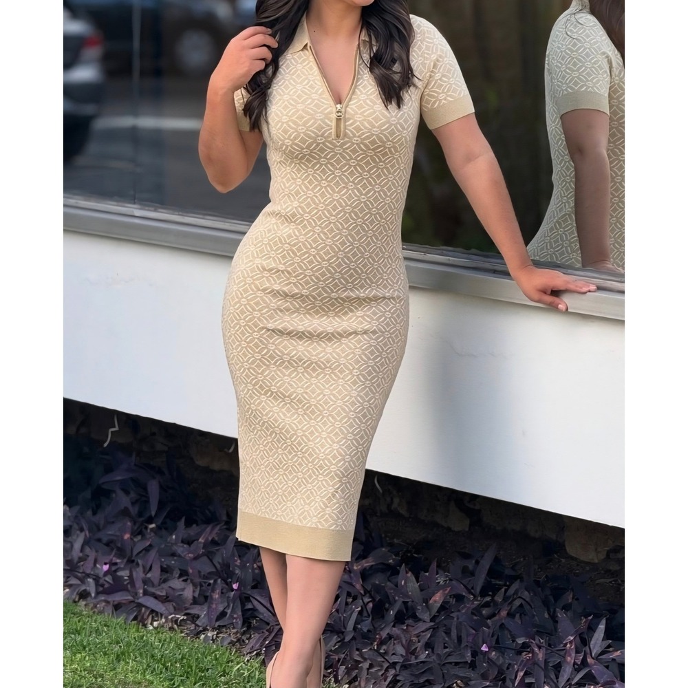 Michael Kors Dress Womens XS Bone Gold Logo Jacquard Metallic